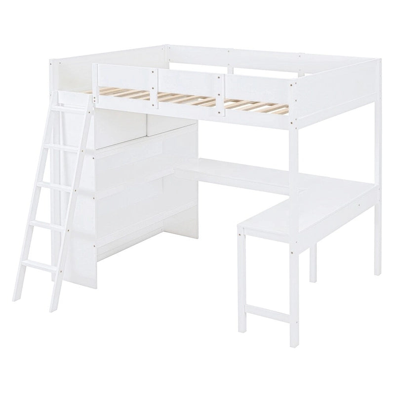 Full Size Wood Loft Bed with Desk and Shelf,Guardrail