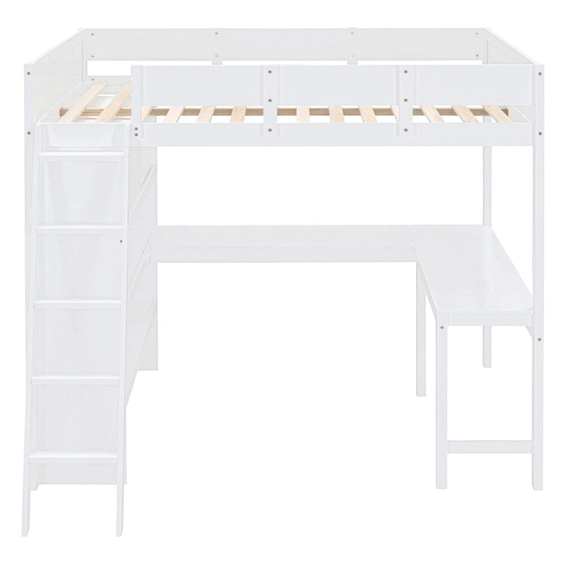 Full Size Wood Loft Bed with Desk and Shelf,Guardrail