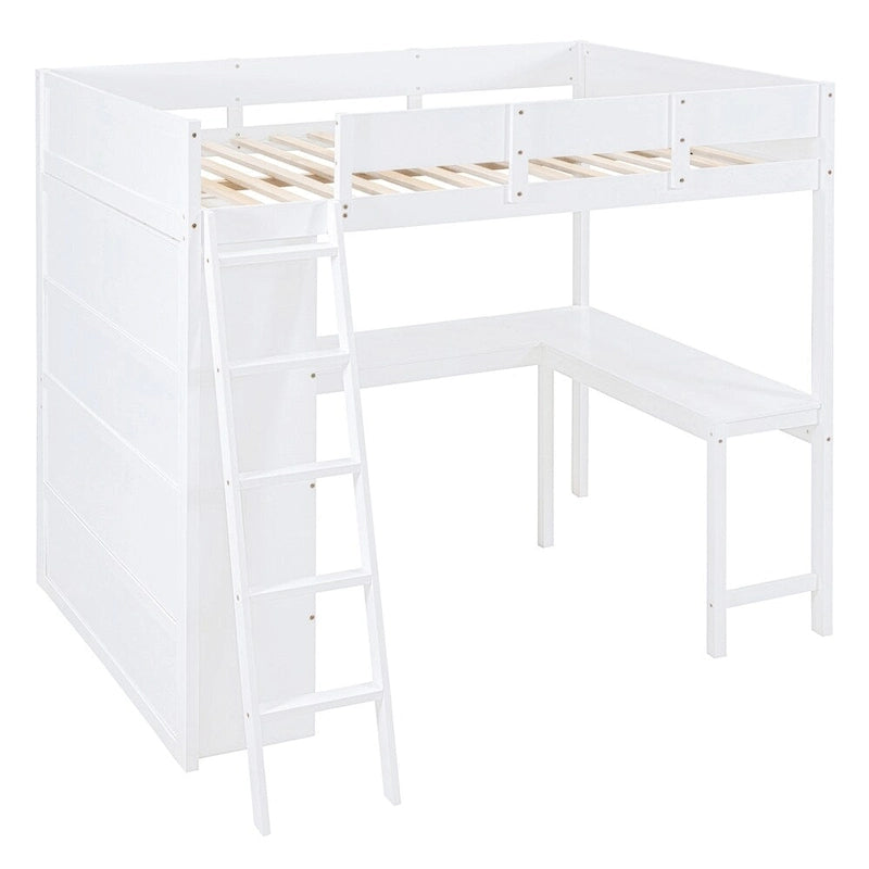 Full Size Wood Loft Bed with Desk and Shelf,Guardrail