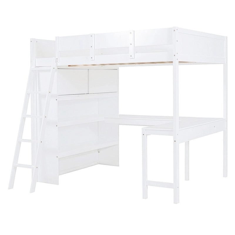Full Size Wood Loft Bed with Desk and Shelf,Guardrail