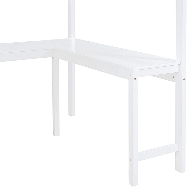 Full Size Wood Loft Bed with Desk and Shelf,Guardrail