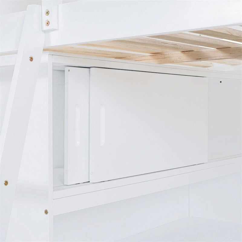 Full Size Wood Loft Bed with Desk and Shelf,Guardrail