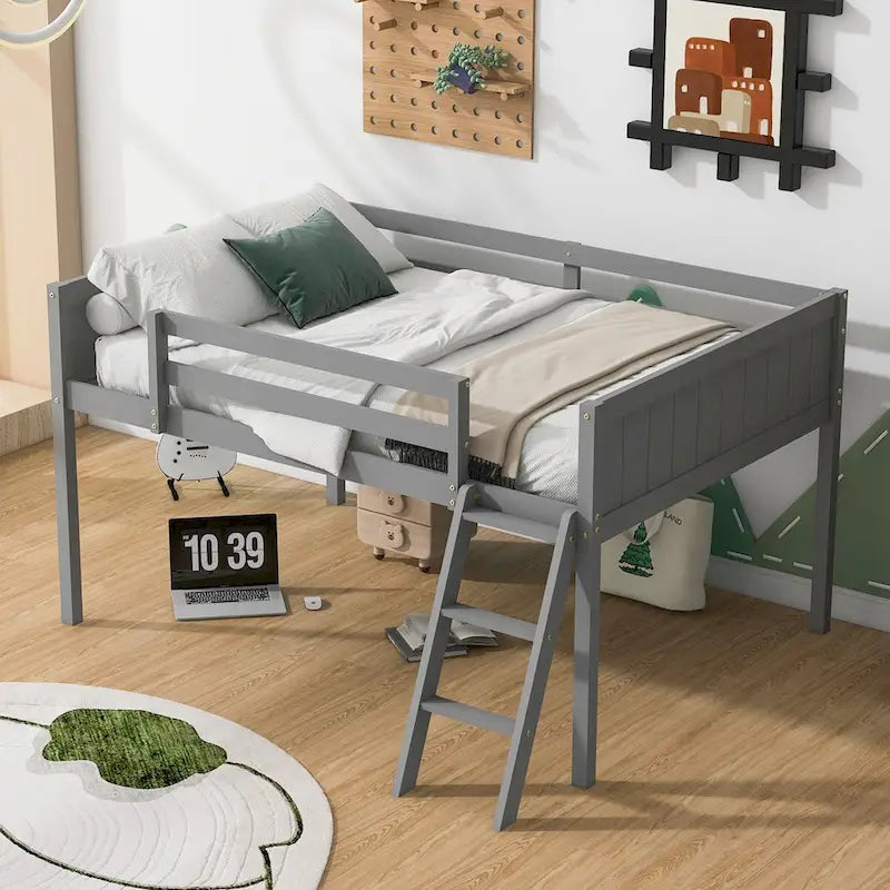 Full Size Wood Low Loft Bed with Ladder