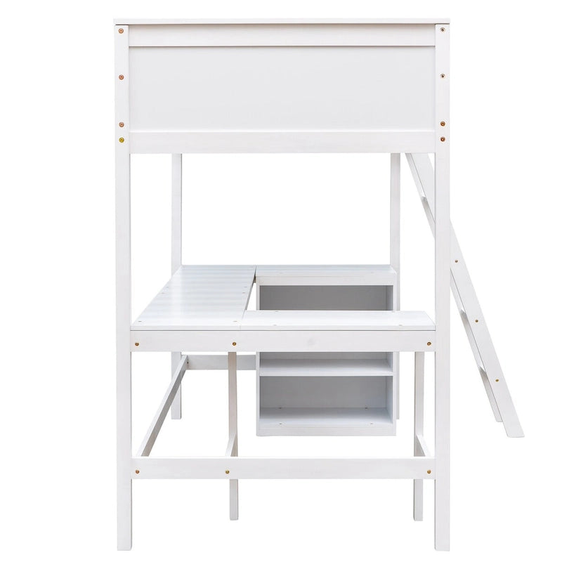 White Twin Size Loft Bed with Desk and Shelves, Full-Length Guardrail, Sturdy Pine Wood Frame