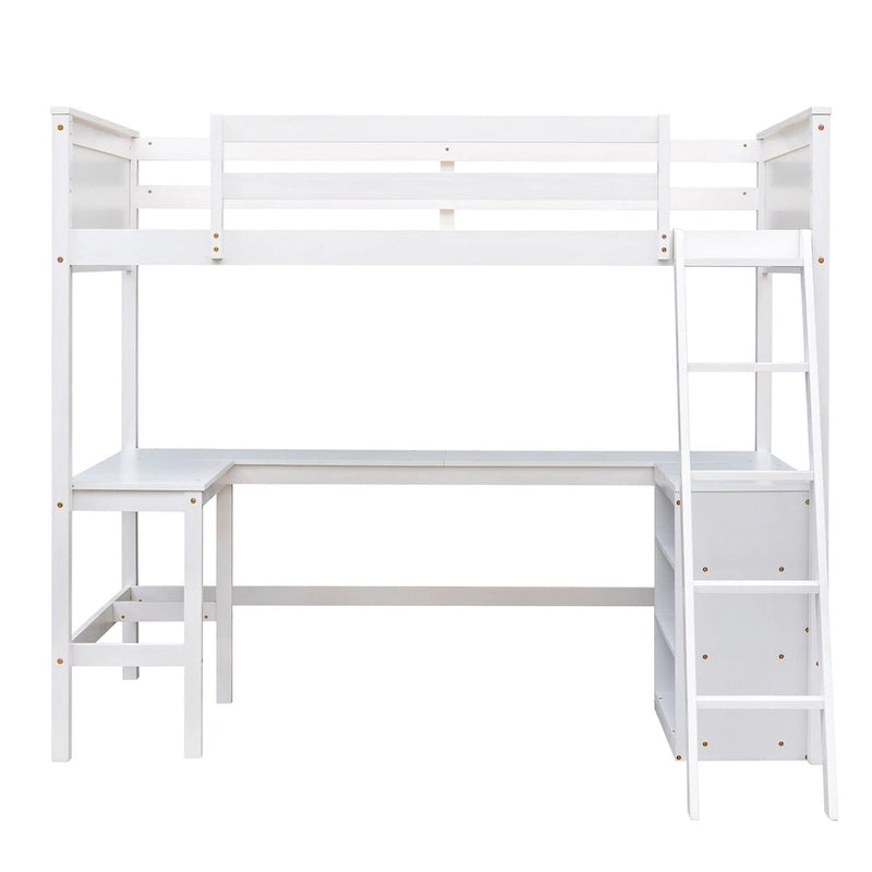 White Twin Size Loft Bed with Desk and Shelves, Full-Length Guardrail, Sturdy Pine Wood Frame