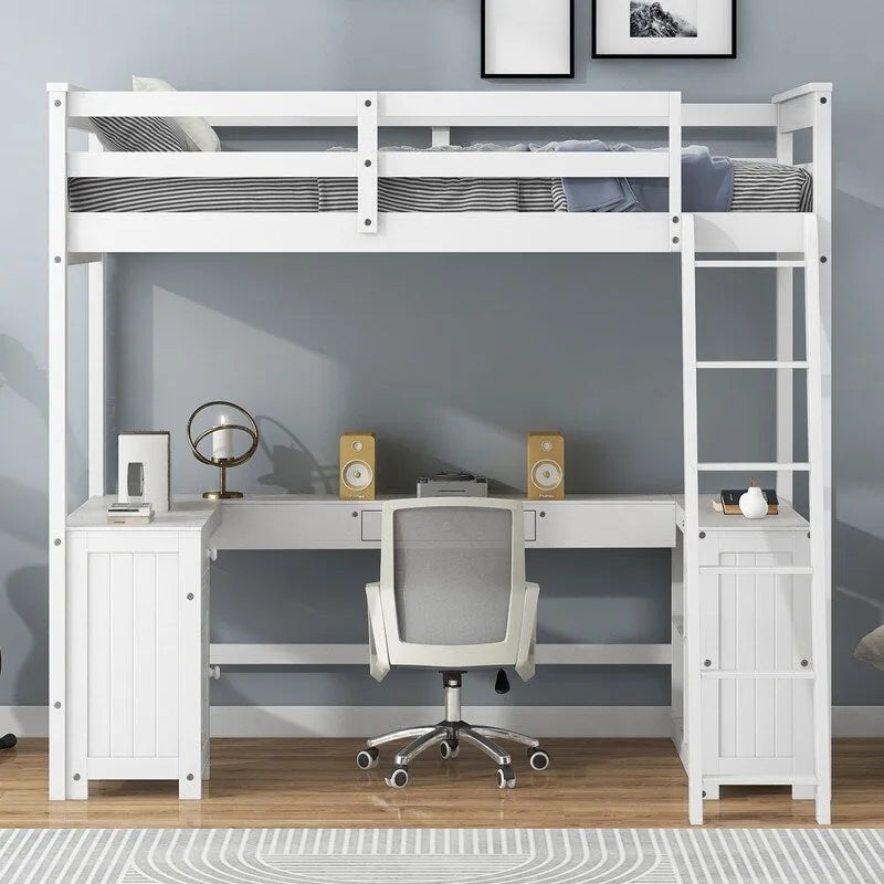 Twin Size Loft Bed with U-shaped Desk, Cabinet and Storage Shelves