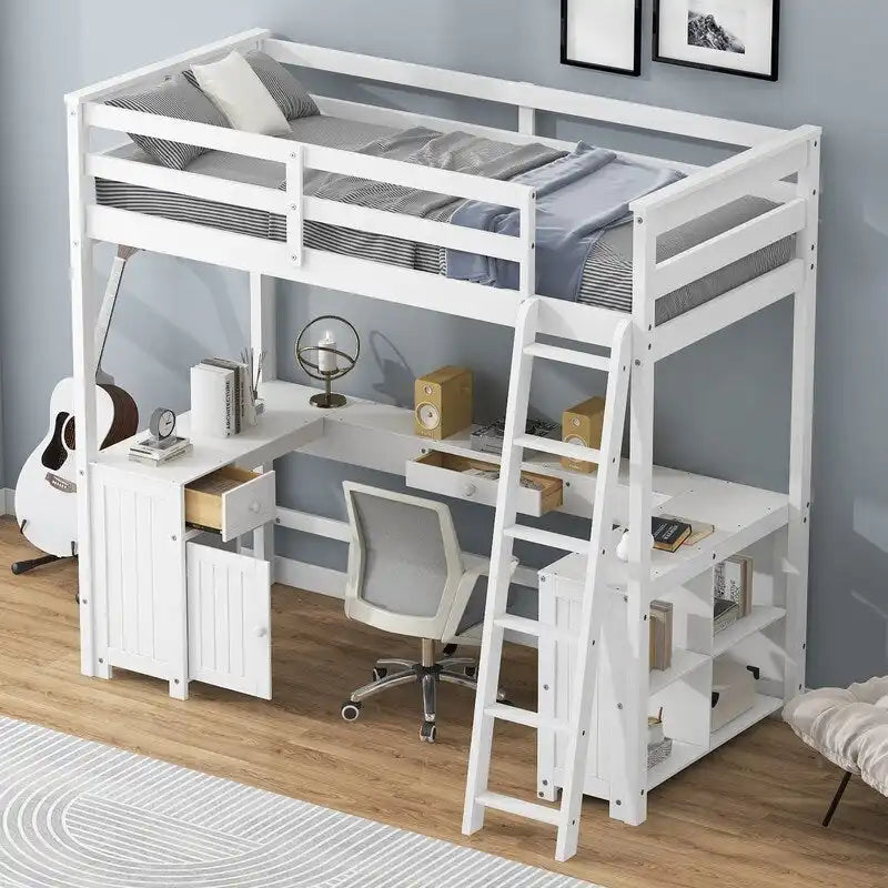 Twin Size Loft Bed with U-shaped Desk, Cabinet and Storage Shelves