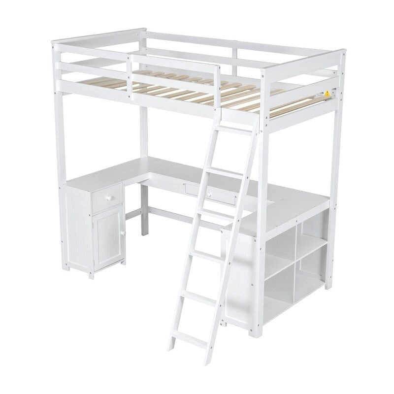 Twin Size Loft Bed with U-shaped Desk, Cabinet and Storage Shelves