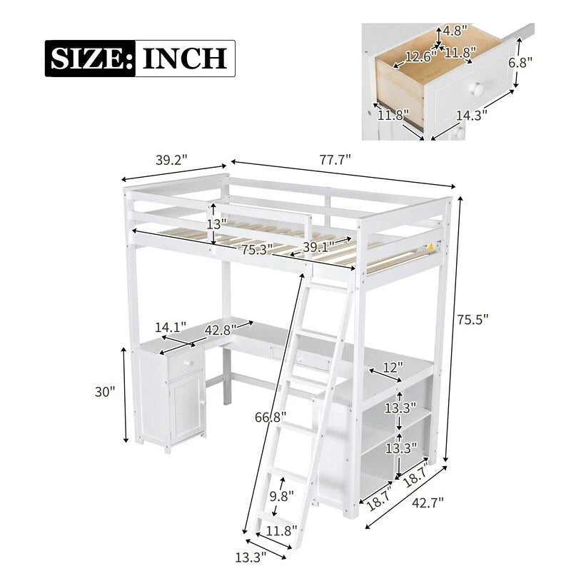 Twin Size Loft Bed with U-shaped Desk, Cabinet and Storage Shelves