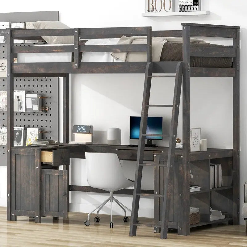 Twin Size Loft Bed with U-shaped Desk, Cabinet and Storage Shelves