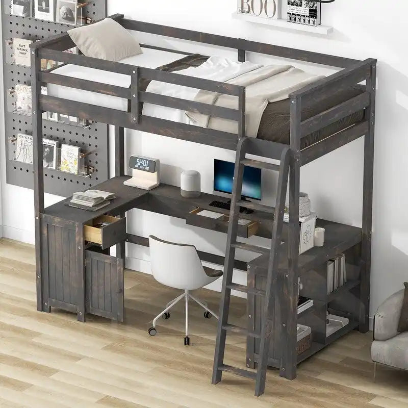 Twin Size Loft Bed with U-shaped Desk, Cabinet and Storage Shelves