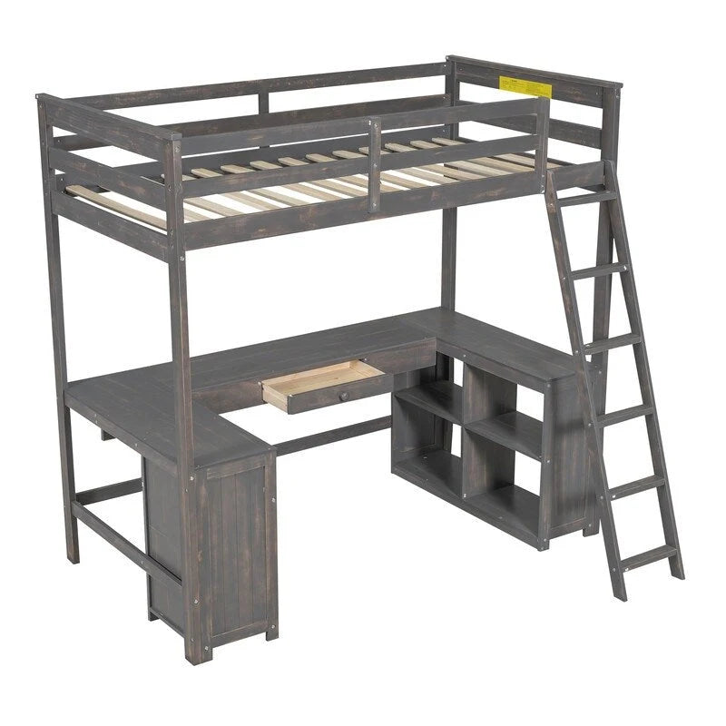 Twin Size Loft Bed with U-shaped Desk, Cabinet and Storage Shelves