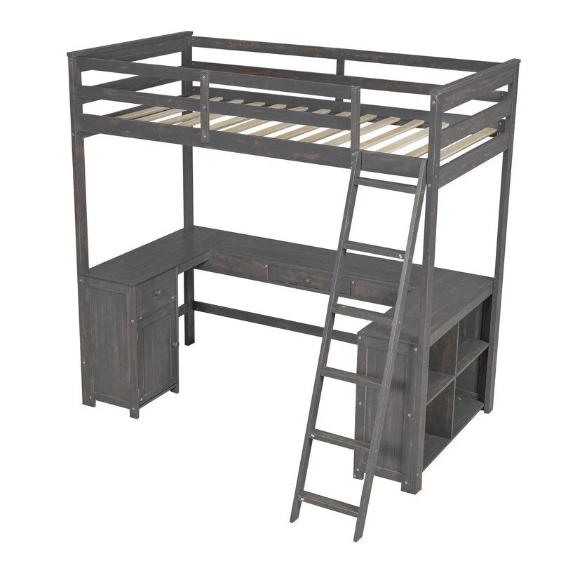Twin Size Loft Bed with U-shaped Desk, Cabinet and Storage Shelves