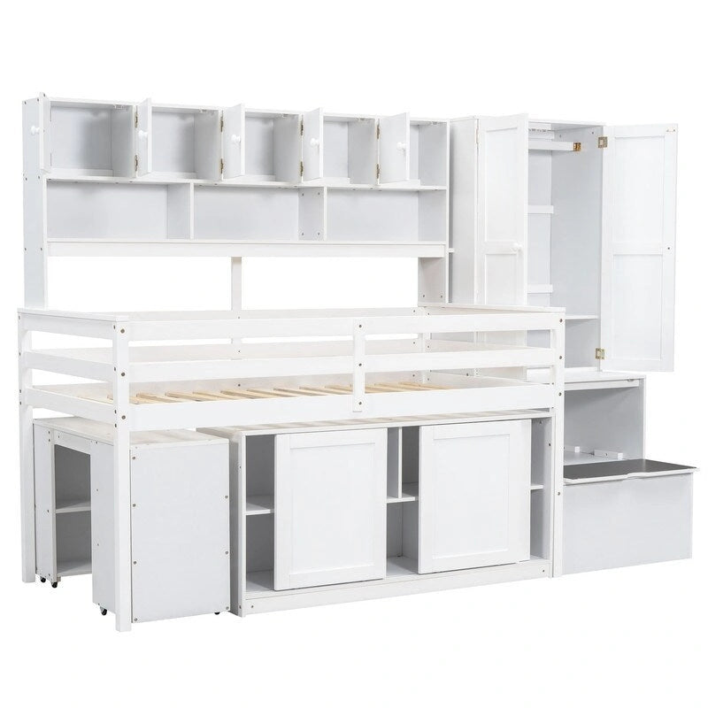 Twin Size Wooden Loft Bed Big Storage with Under-bed Desk, with Drawers, with Shelves