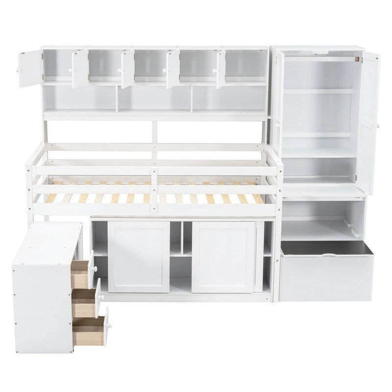 Twin Size Wooden Loft Bed Big Storage with Under-bed Desk, with Drawers, with Shelves
