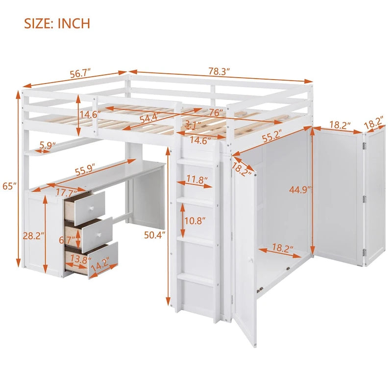 Multi-Functional Twin/Full Loft Bed with Drawers, Desk, and Wardrobe