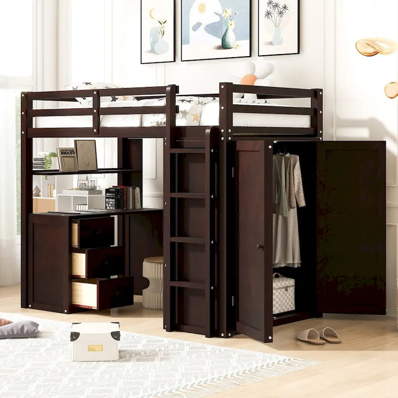 Multi-Functional Twin/Full Loft Bed with Drawers, Desk, and Wardrobe