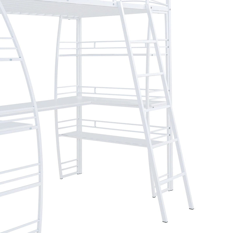 White Metal Loft Bed with 4 Layers of Shelves, L-Shaped Desk, Sockets, USB Ports, Wireless Charging