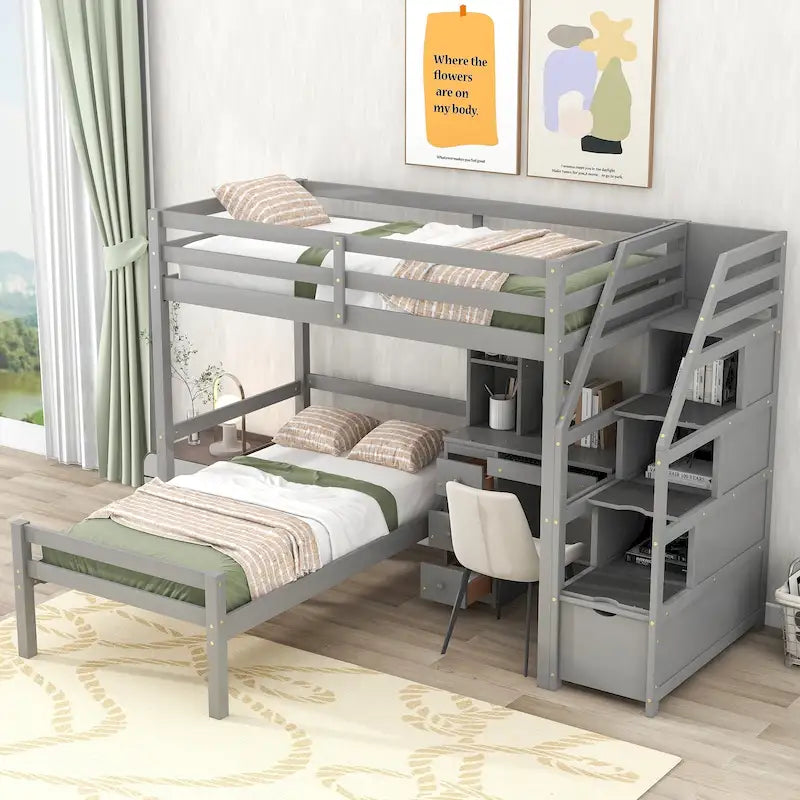 Loft Bed with a Stand-Alone Bed, Storage Staircase, Desk, Shelves and Drawers