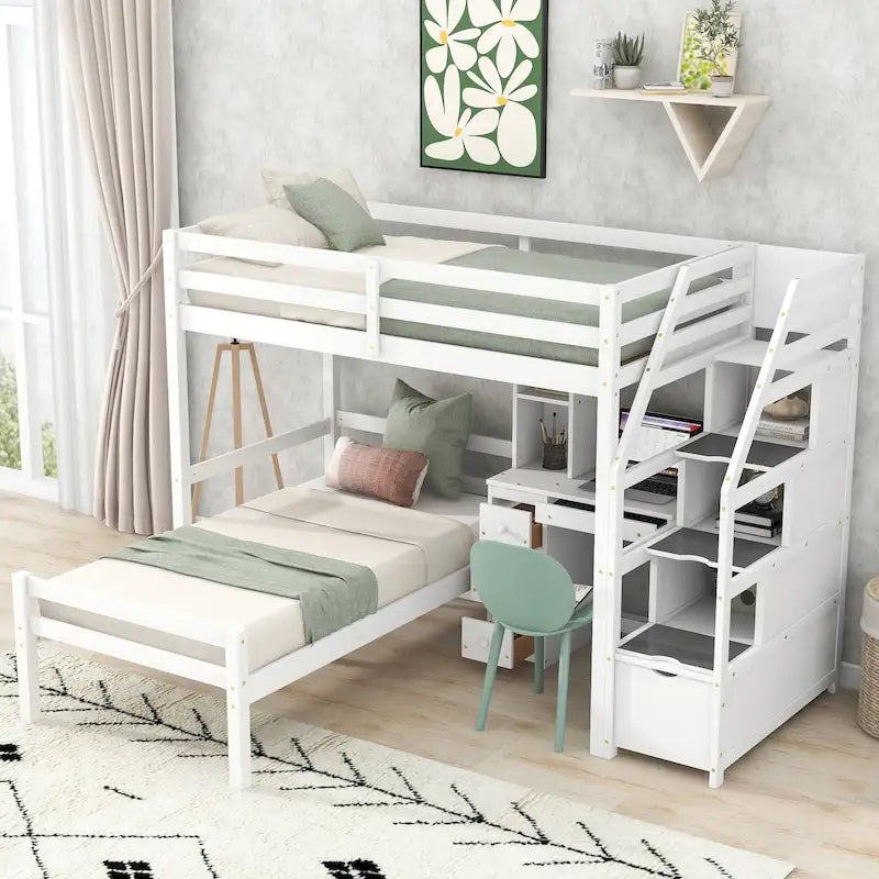 Loft Bed with a Stand-Alone Bed, Storage Staircase, Desk, Shelves and Drawers
