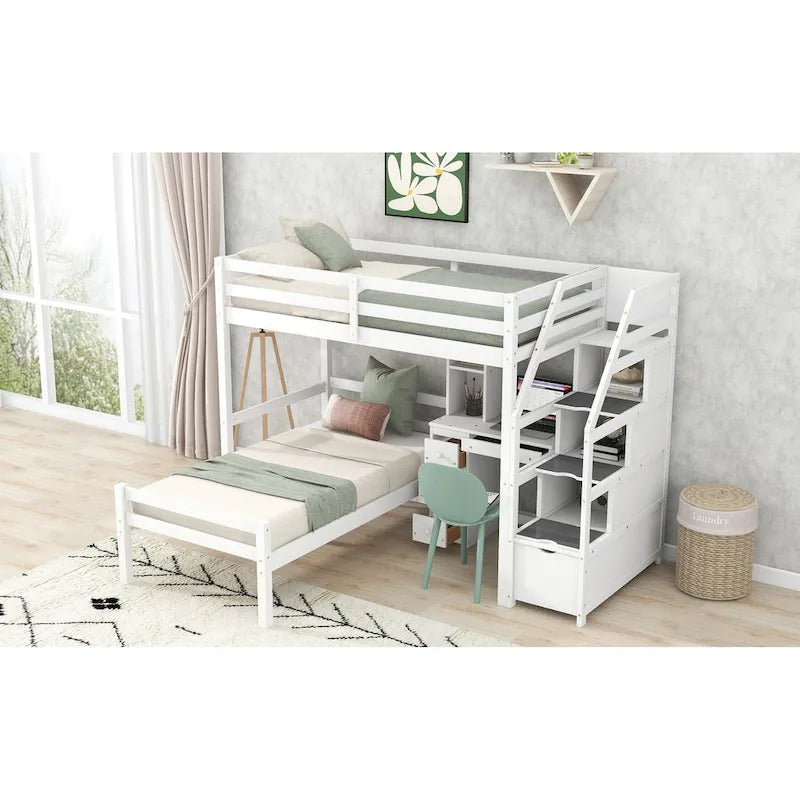 Loft Bed with a Stand-Alone Bed, Storage Staircase, Desk, Shelves and Drawers