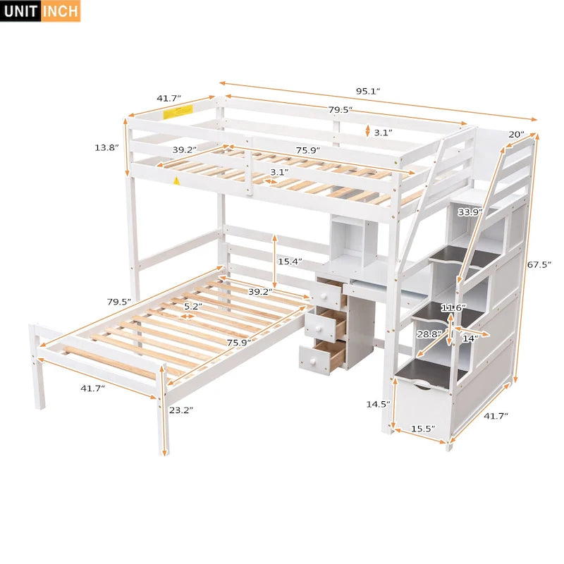 Loft Bed with a Stand-Alone Bed, Storage Staircase, Desk, Shelves and Drawers