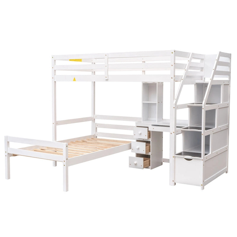 Loft Bed with a Stand-Alone Bed, Storage Staircase, Desk, Shelves and Drawers
