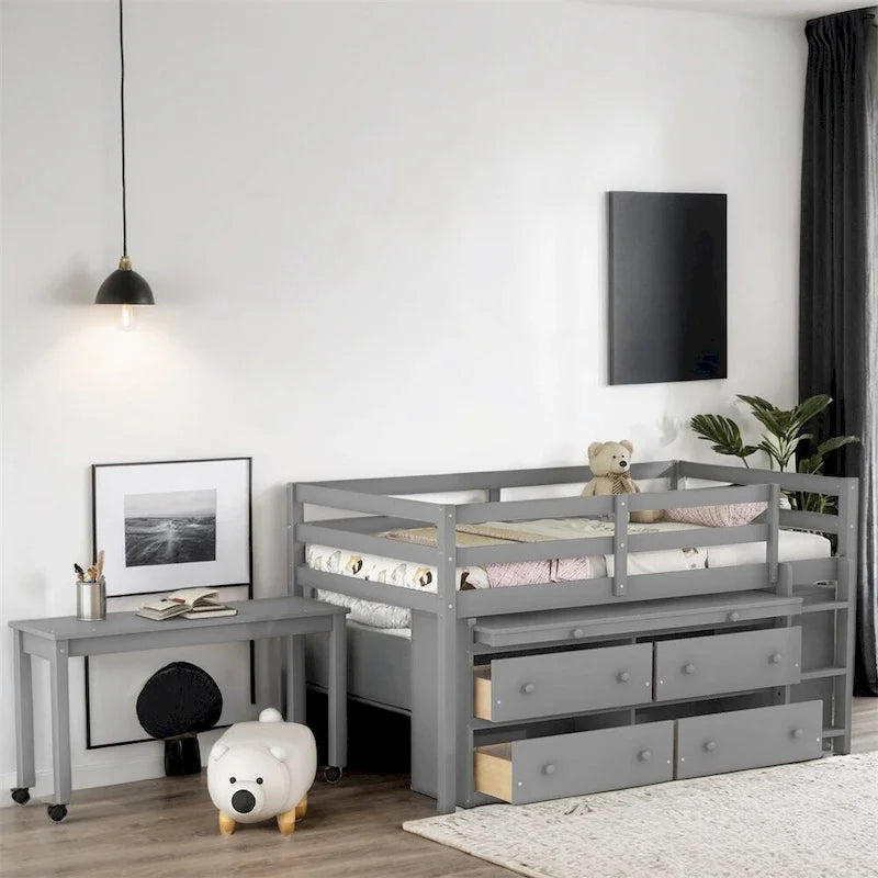 Twin Size Wood Loft Bed with Retractable Writing Desk and 4 Drawers