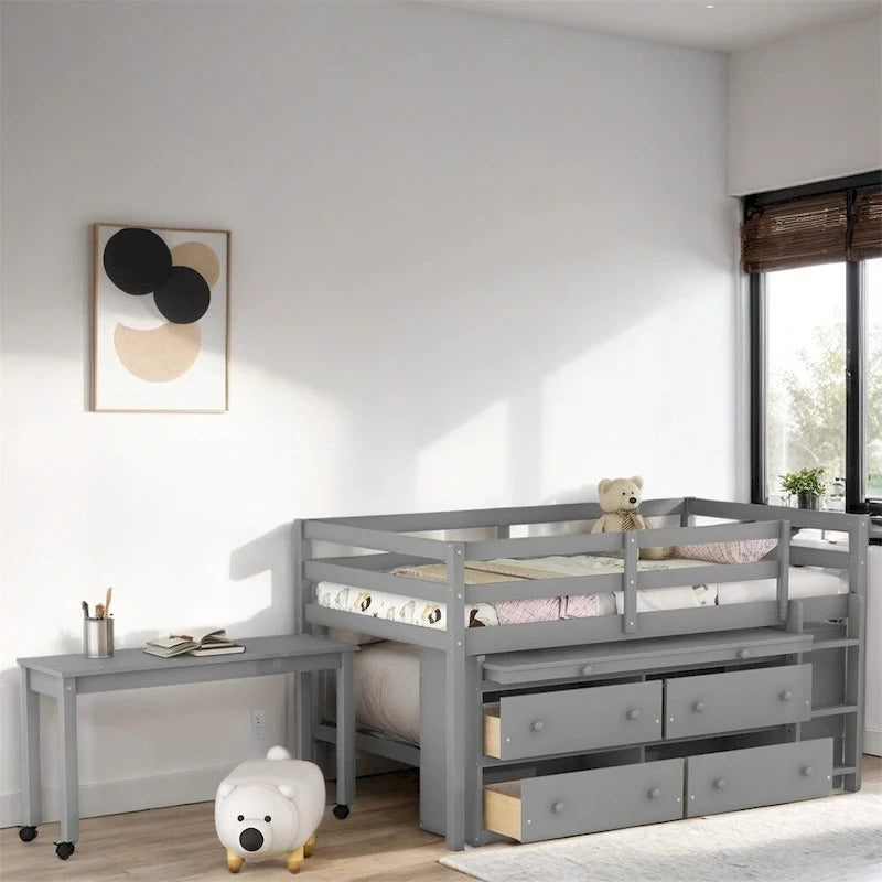 Twin Size Wood Loft Bed with Retractable Writing Desk and 4 Drawers
