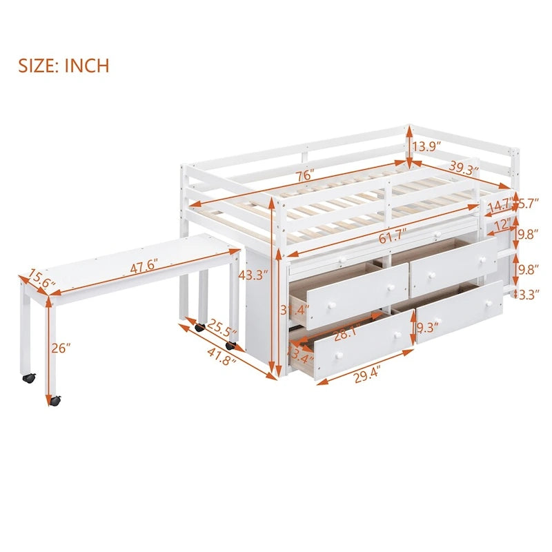 Twin Size Wood Loft Bed with Retractable Writing Desk and 4 Drawers