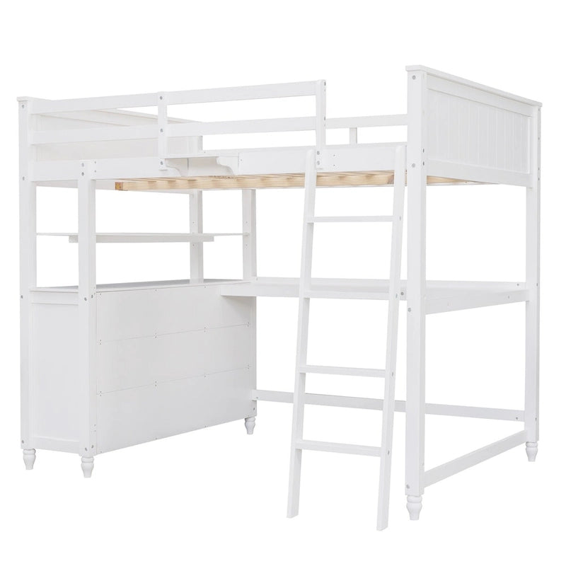 Full Size Loft Bed with Drawers and Desk, Wooden Loft Bed with Shelves