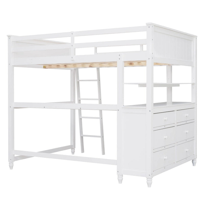 Full Size Loft Bed with Drawers and Desk, Wooden Loft Bed with Shelves