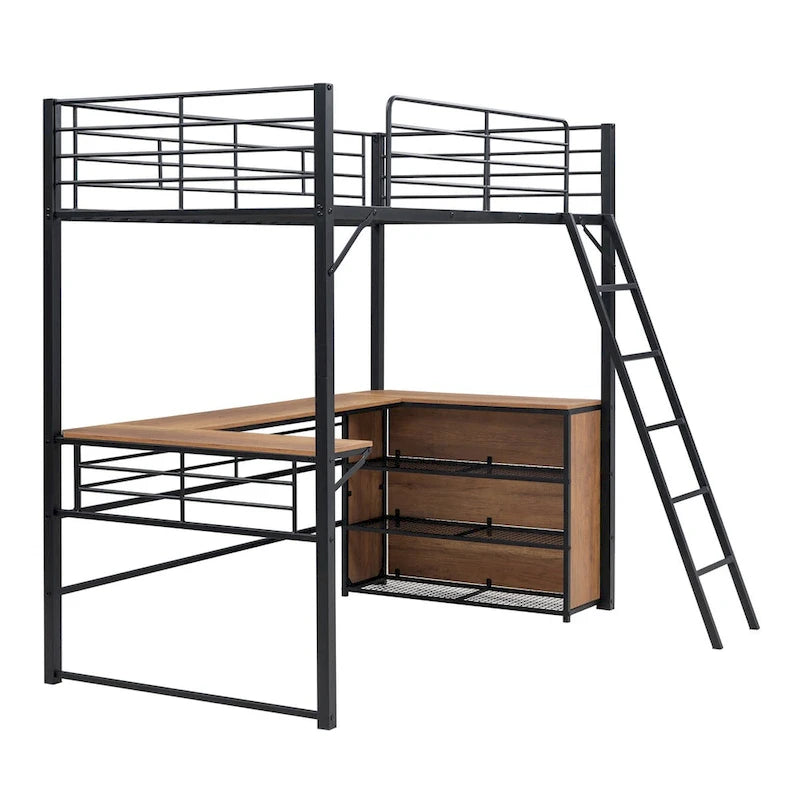 Black Twin Metal Loft Bed with Shelves & Desk