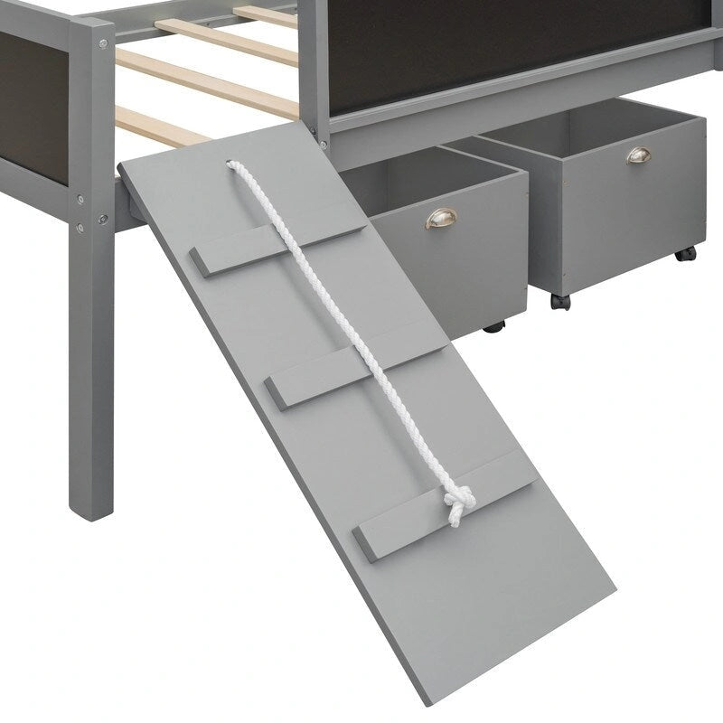 Low Loft Bed with Slide, Twin Loft Bed with Storage Boxes, Wood Twin Low Loft Bed Frame with Climbing Ladder and Chalk Board