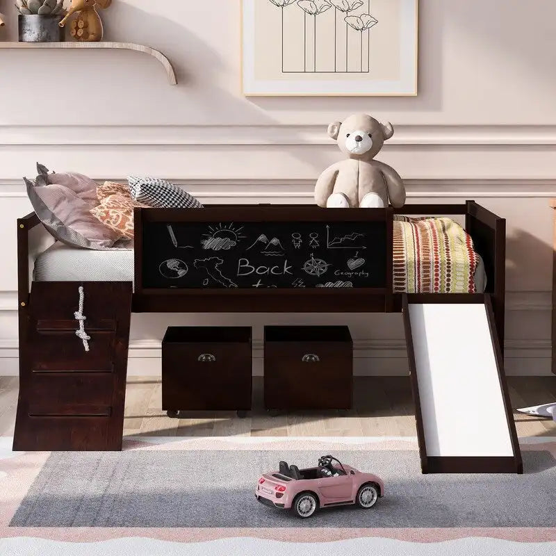 Low Loft Bed with Slide, Twin Loft Bed with Storage Boxes, Wood Twin Low Loft Bed Frame with Climbing Ladder and Chalk Board