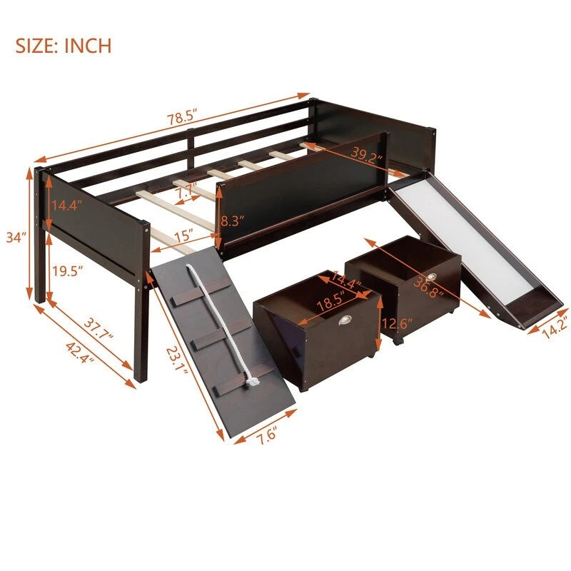 Low Loft Bed with Slide, Twin Loft Bed with Storage Boxes, Wood Twin Low Loft Bed Frame with Climbing Ladder and Chalk Board