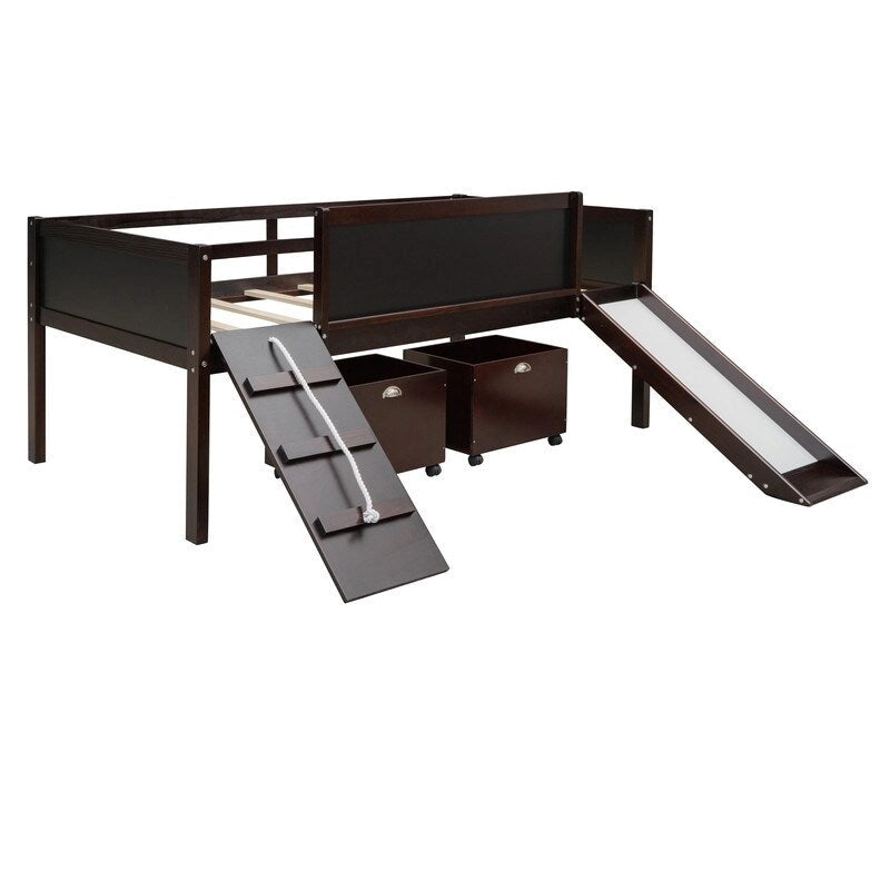 Low Loft Bed with Slide, Twin Loft Bed with Storage Boxes, Wood Twin Low Loft Bed Frame with Climbing Ladder and Chalk Board