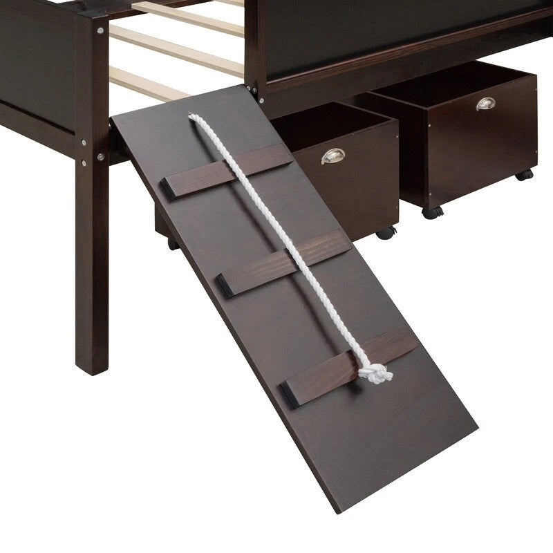 Low Loft Bed with Slide, Twin Loft Bed with Storage Boxes, Wood Twin Low Loft Bed Frame with Climbing Ladder and Chalk Board