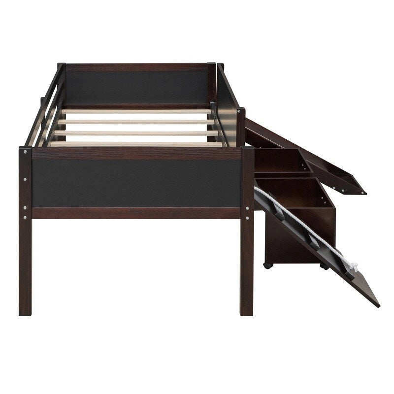 Low Loft Bed with Slide, Twin Loft Bed with Storage Boxes, Wood Twin Low Loft Bed Frame with Climbing Ladder and Chalk Board