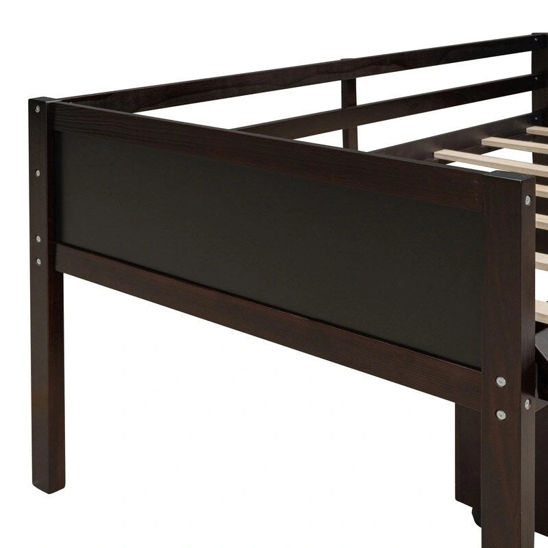 Low Loft Bed with Slide, Twin Loft Bed with Storage Boxes, Wood Twin Low Loft Bed Frame with Climbing Ladder and Chalk Board