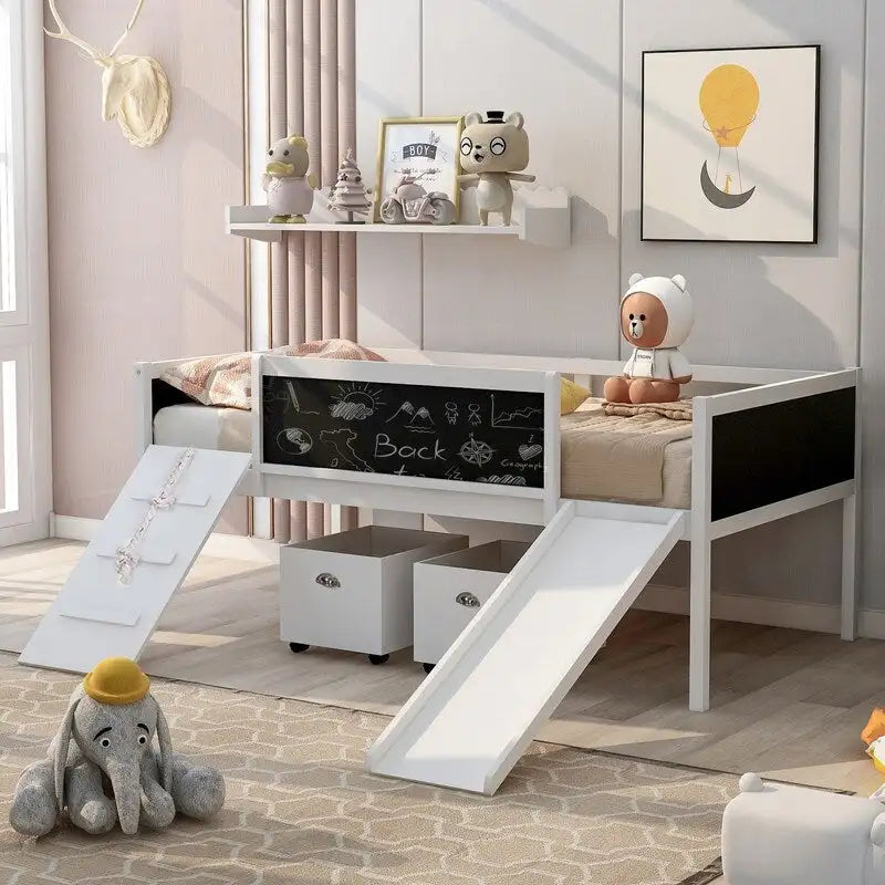 Low Loft Bed with Slide, Twin Loft Bed with Storage Boxes, Wood Twin Low Loft Bed Frame with Climbing Ladder and Chalk Board