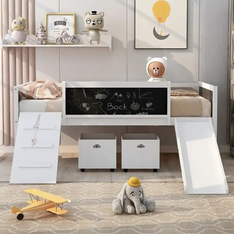 Low Loft Bed with Slide, Twin Loft Bed with Storage Boxes, Wood Twin Low Loft Bed Frame with Climbing Ladder and Chalk Board