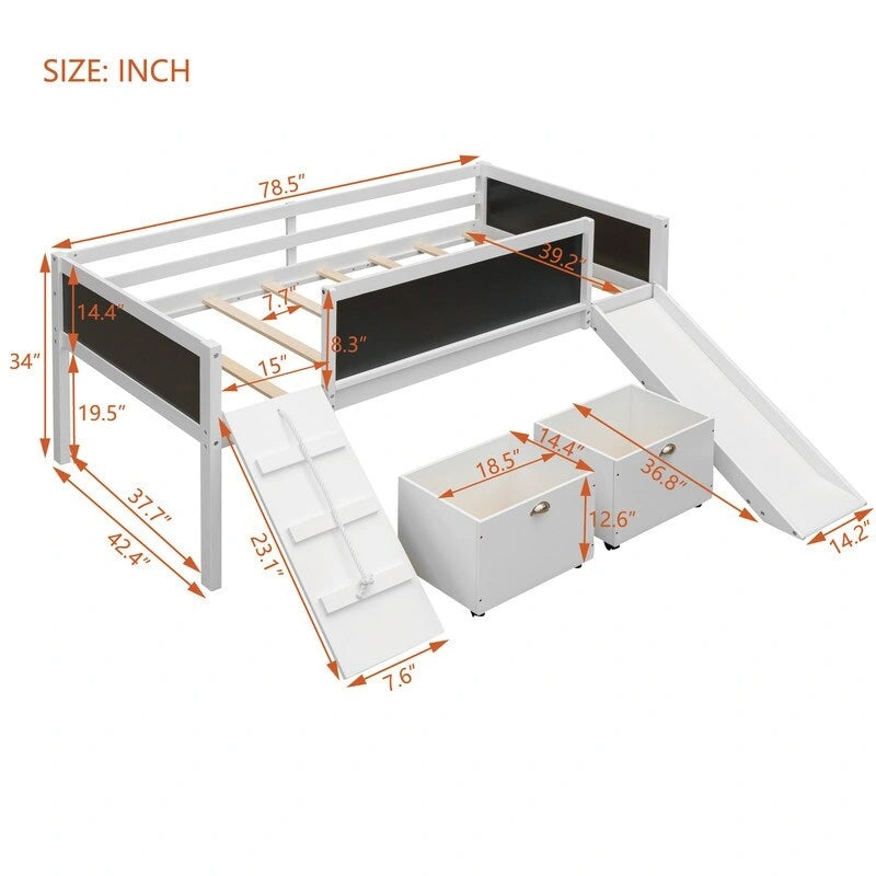 Low Loft Bed with Slide, Twin Loft Bed with Storage Boxes, Wood Twin Low Loft Bed Frame with Climbing Ladder and Chalk Board