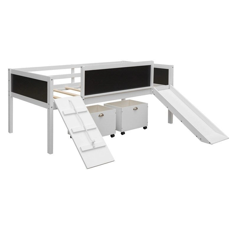 Low Loft Bed with Slide, Twin Loft Bed with Storage Boxes, Wood Twin Low Loft Bed Frame with Climbing Ladder and Chalk Board