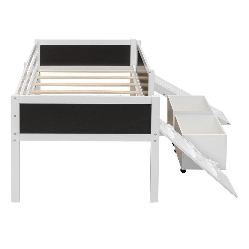 Low Loft Bed with Slide, Twin Loft Bed with Storage Boxes, Wood Twin Low Loft Bed Frame with Climbing Ladder and Chalk Board