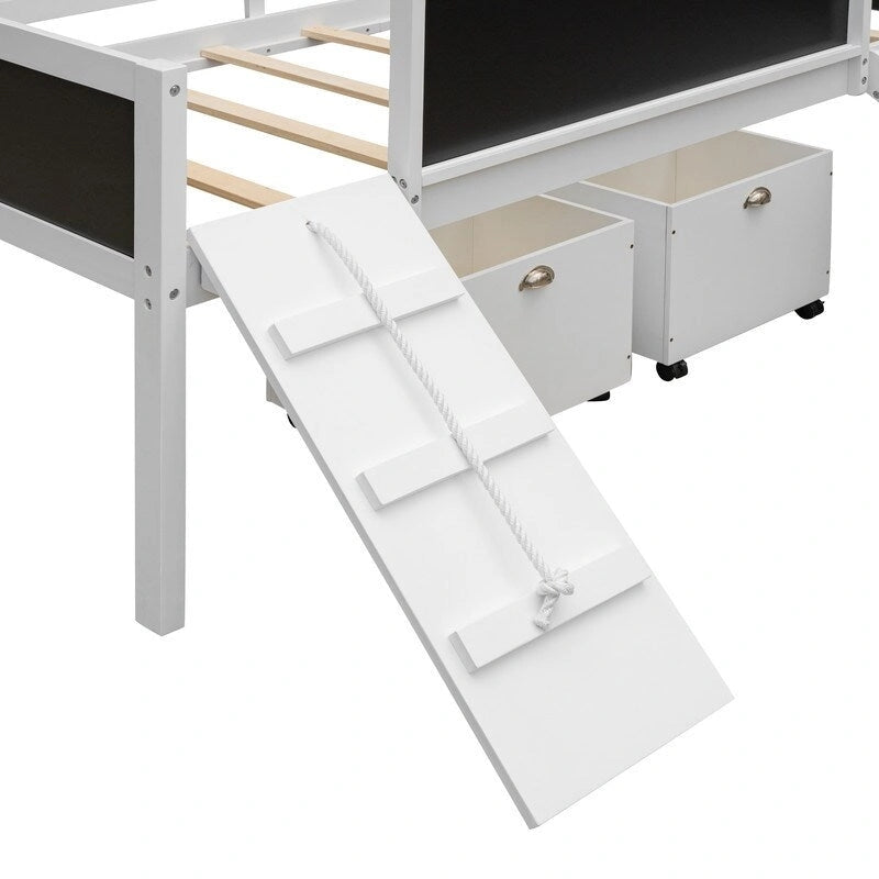 Low Loft Bed with Slide, Twin Loft Bed with Storage Boxes, Wood Twin Low Loft Bed Frame with Climbing Ladder and Chalk Board