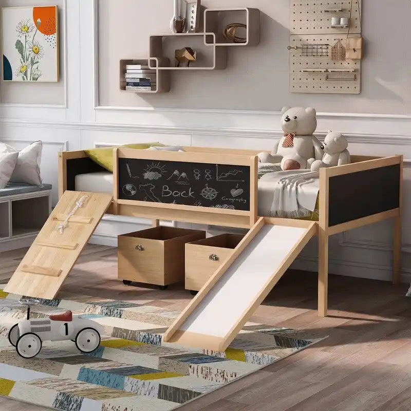 Low Loft Bed with Slide, Twin Loft Bed with Storage Boxes, Wood Twin Low Loft Bed Frame with Climbing Ladder and Chalk Board
