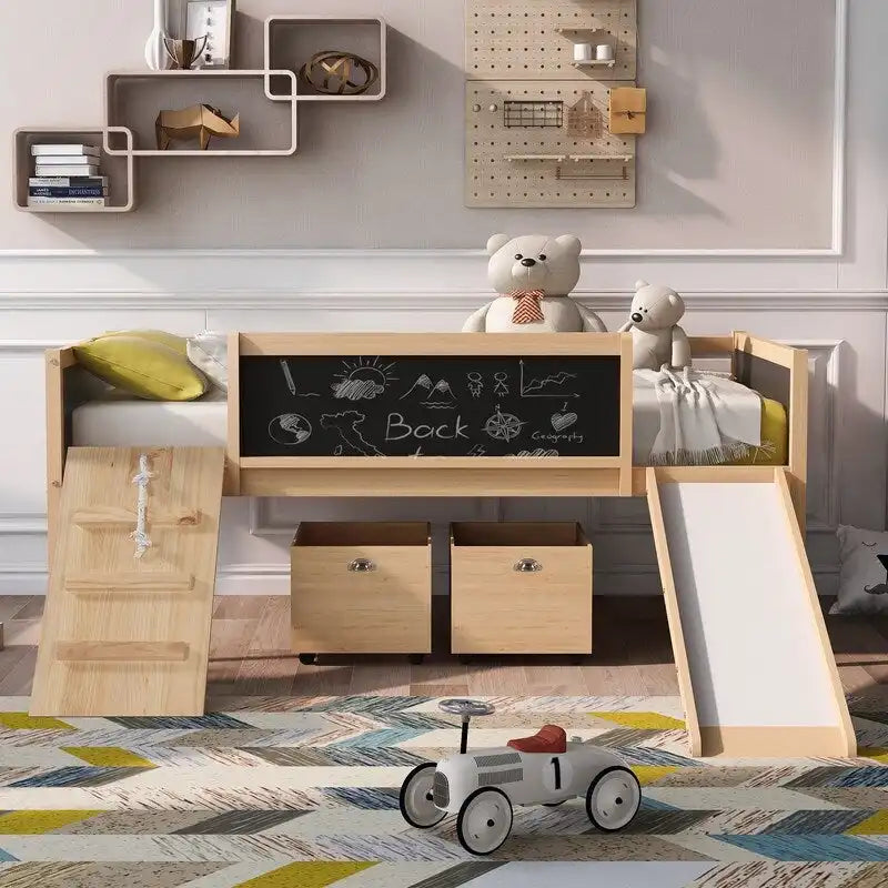 Low Loft Bed with Slide, Twin Loft Bed with Storage Boxes, Wood Twin Low Loft Bed Frame with Climbing Ladder and Chalk Board