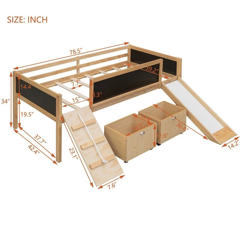 Low Loft Bed with Slide, Twin Loft Bed with Storage Boxes, Wood Twin Low Loft Bed Frame with Climbing Ladder and Chalk Board