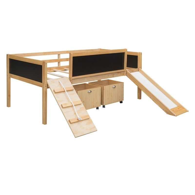 Low Loft Bed with Slide, Twin Loft Bed with Storage Boxes, Wood Twin Low Loft Bed Frame with Climbing Ladder and Chalk Board